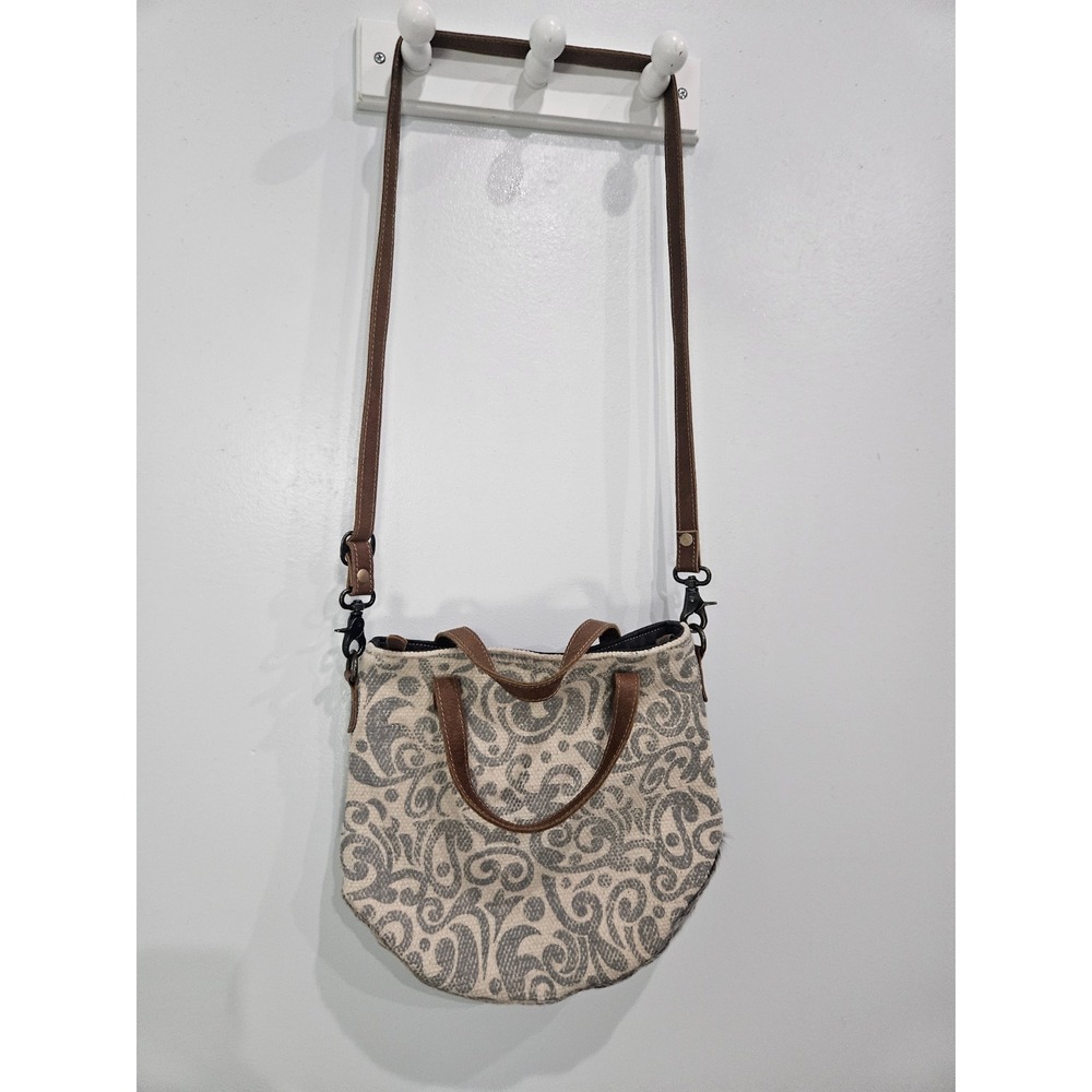 Myra Bag Canvas Leather Hair-on Hide Paisley Crossbody Tote Bag Gray Brown